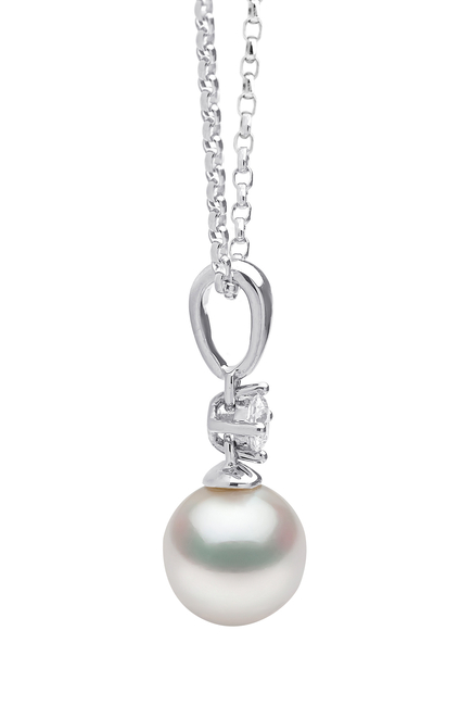 Classic Pendant Necklace, 18k White Gold, Diamond & 7mm Pearl